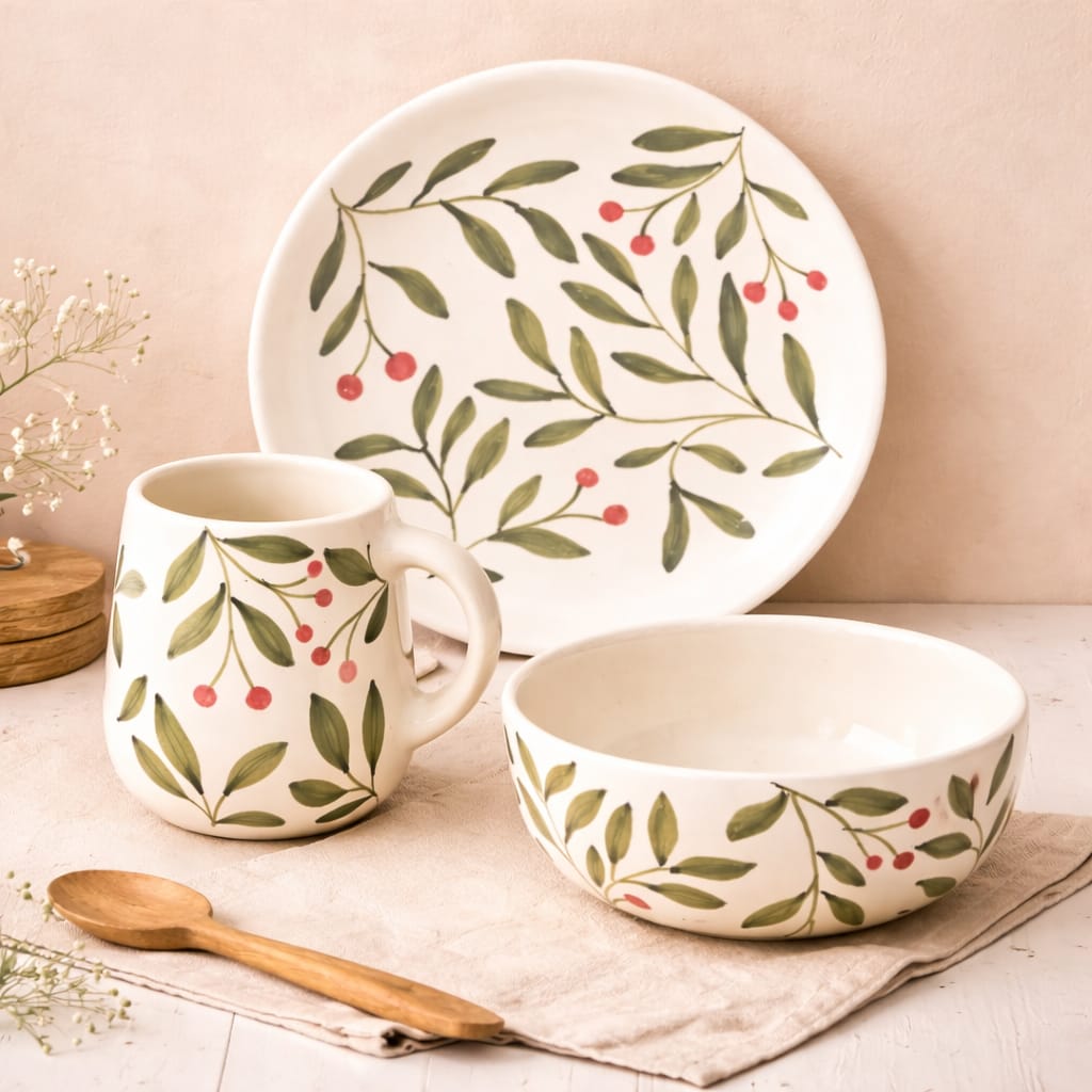Hand-Painted Botanical Ceramic Dining Set (3-Piece)