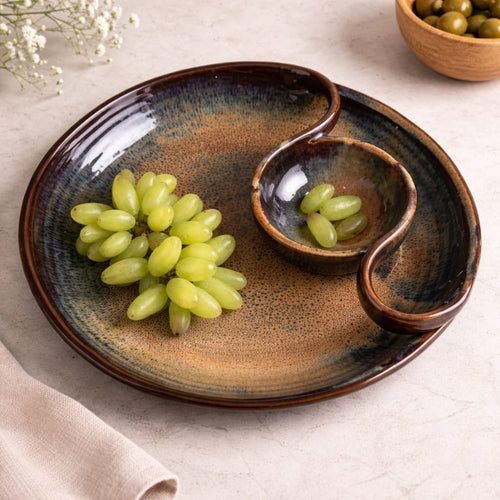 Handcrafted Ceramic Serving Platter with Dip Bowl