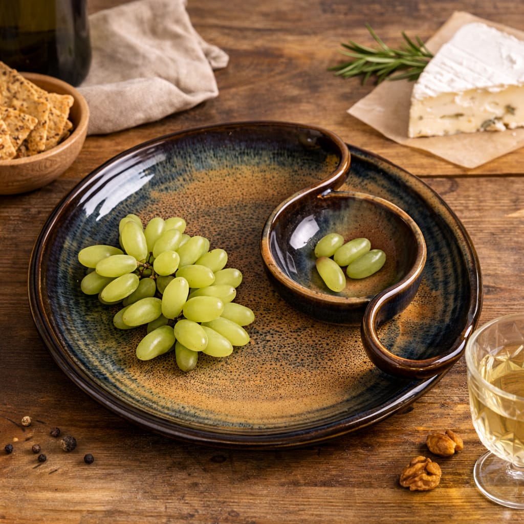 Handcrafted Ceramic Serving Platter with Dip Bowl