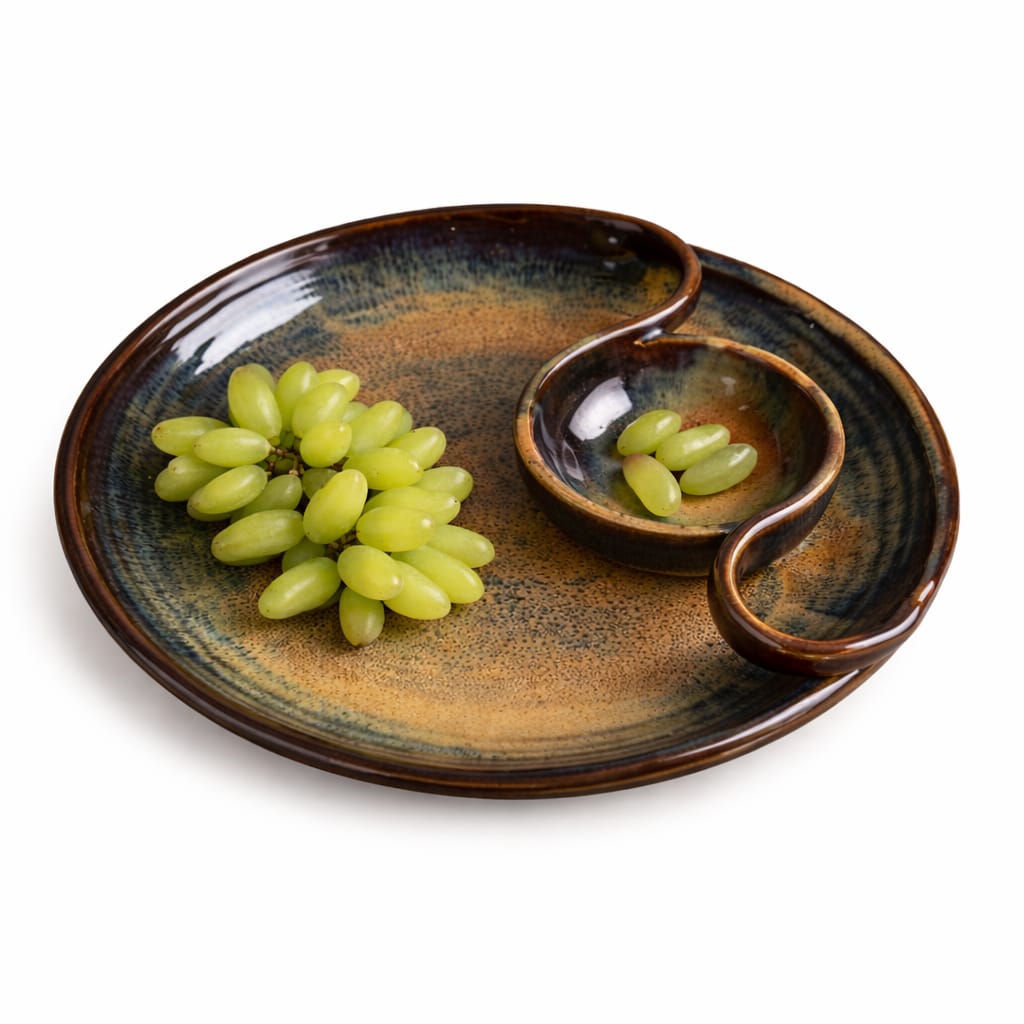 Handcrafted Ceramic Serving Platter with Dip Bowl